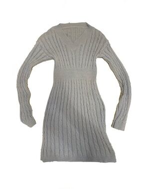 Light Blue Cable Knit V-Neck Sweater Dress - Women's